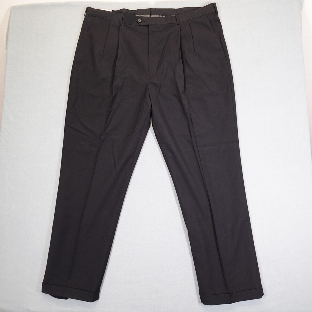 Haggar Dress Pants Mens 44x32 Black Microluxe Pleated Cuffed Wrinkle-Free New